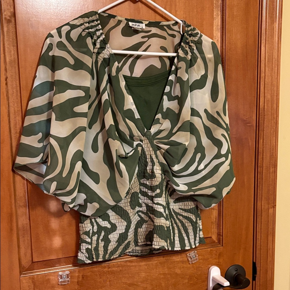 Zara Green and Tan Print Blouse